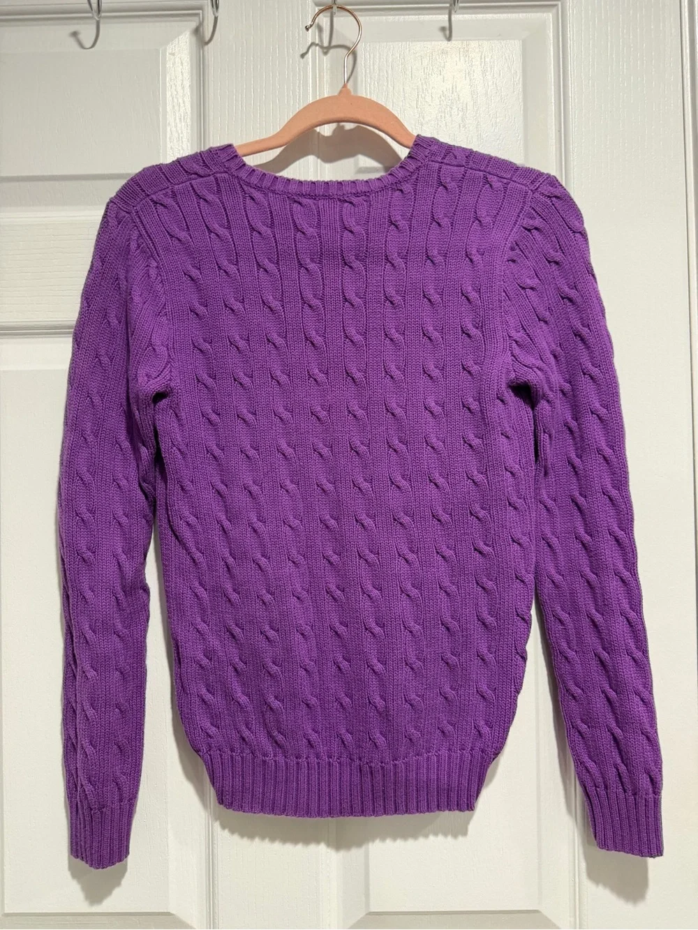 Ralph Lauren Purple Cable Knit V-Neck Sweater with Polo Logo